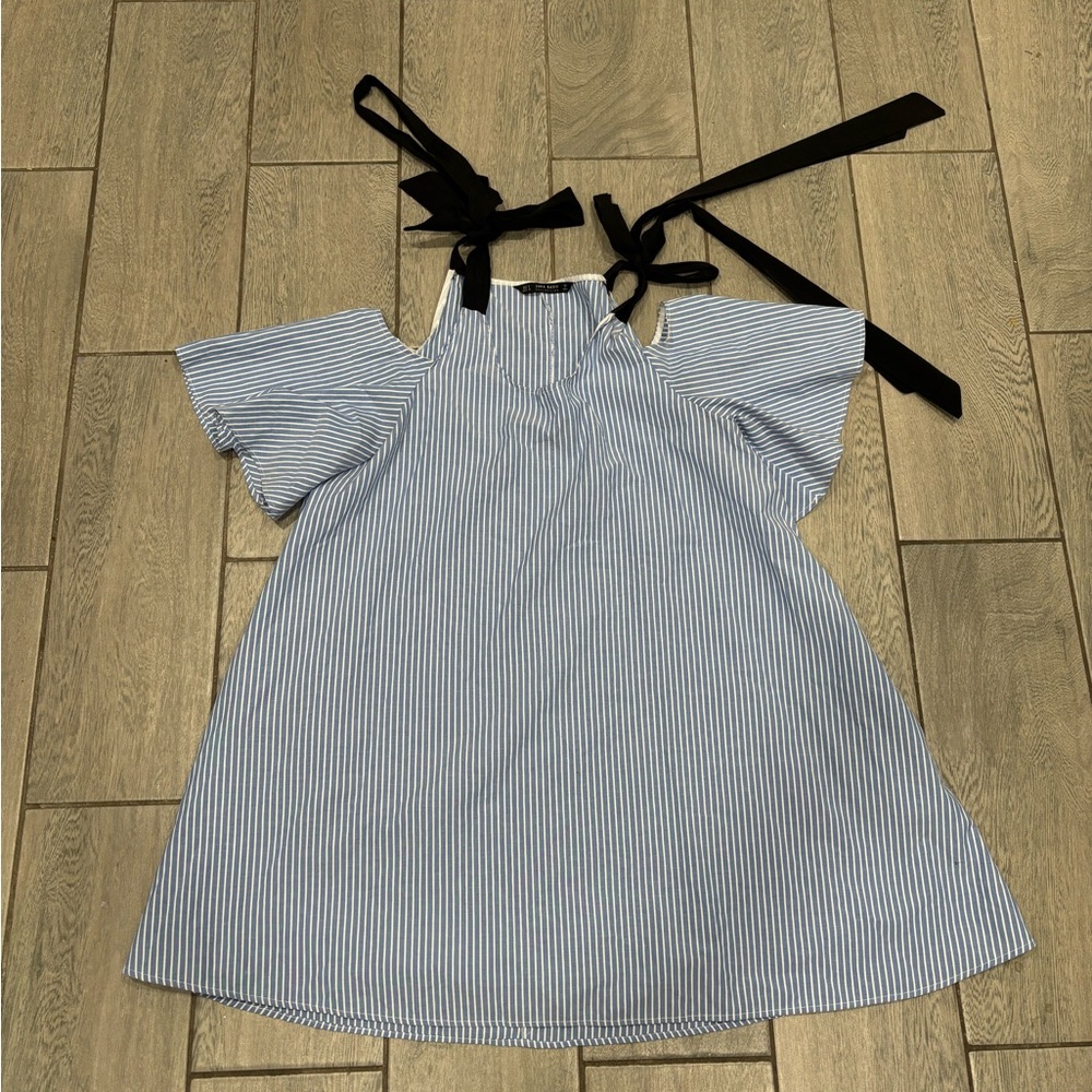 Zara Basic Oversized Mini Dress Stripped Adjustable Shoulder Ties Size Small - Picture 2 of 4